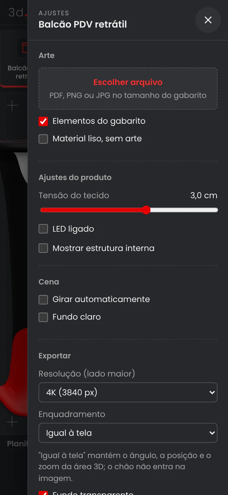 Sistema 3D Mockup no celular com a gaveta de ajustes aberta